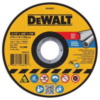 DWTDWA8051 image(0) - DeWalt 4-1/2 Inch x .045 Inch x 7/8 Inch Type 1 Metal Cutting Wheel