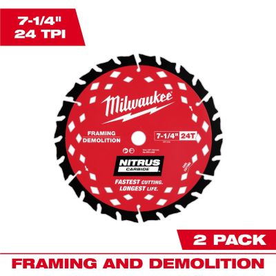 MLW48-40-0752 image(0) - Milwaukee Tool 7-1/4 inch 24T NITRUSCarbideFraming & Demolition Circular Saw Blade &hyphen; 2 PK