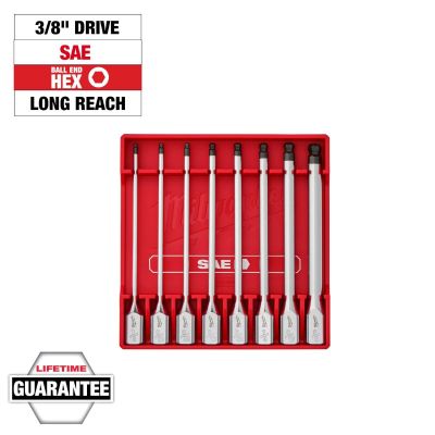 MLW48-22-9549 image(0) - Milwaukee Tool 3/8 Inch Drive Long Ball End Hex Bit Socket Set - SAE - 8 Piece