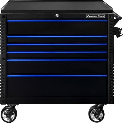 EXTEX4106TCBKBL image(0) - Extreme Tools EX Professional Series 41 Inch 6 Drawer Open Top Tool Cart with PVC-coated work surface - Black with Blue Drawer Pulls