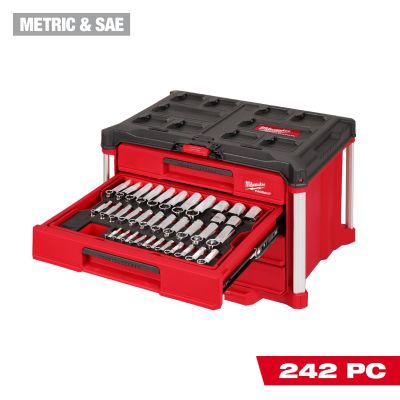 MLW48-22-9491 image(0) - Milwaukee Tool 242 Piece 1/4 3/8 1/2 Inch Drive Metric and SAE Ratchet and Socket Set with Packout 4 Drawer Tool Box