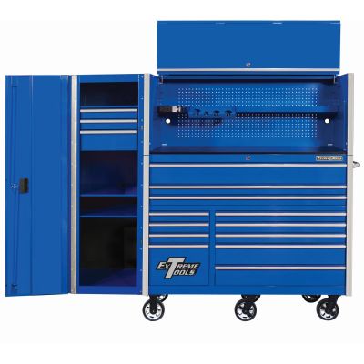 EXTRX55HRSUC image(0) - Extreme Tools RX Series 55in W x 25in D Professional Extreme Power Workstation Hutch, 12-Drawer Roller Cabinet-150 lbs Slides and 19in 3-Drawer Side Locker Combo, Blue w Chrome Dr Pulls