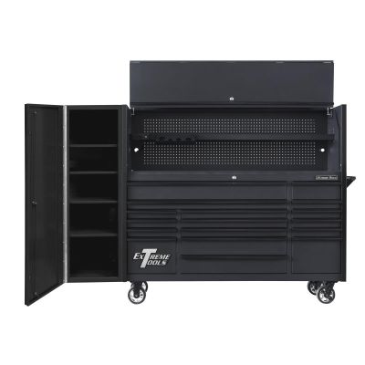 EXTDX72HRSMK image(0) - Extreme Tools DX Series 72in W x 21in D Extreme Power Workstation Hutch, 17-Drawer Roller Cabinet  and 19in Side Locker Combo, Matte Black w Black Drawer Pulls