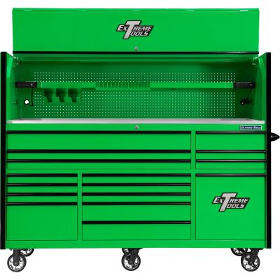 EXTRXQ8417HRGK image(0) - Extreme Tools RX Series 84in W x 30in D Extreme Power Workstation and 16-Drawer Roller Cabinet w Power Tool Drawer Combo  Green with Black Trim