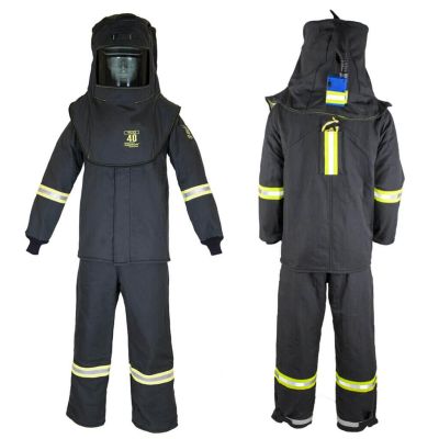 OBRTCG4B-ESL-4XL-HVSL image(0) - Oberon Suit Kit - Arc Flash - 40 Cal TCG™ - Comes with Hood, Coat, Bib Coveralls and Fresh Air Arc Flash Hood Ventilation System & Light - With Leg Zippers - With Escape Strap - Color: Black - Size: 4XL