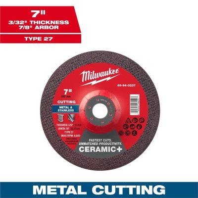 MLW49-94-0237 image(0) - Milwaukee Tool 7" x 3/32" x 7/8" Ceramic+ Metal Cut Off Wheel -Type 27