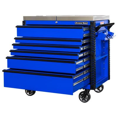 EXTEX4106TCSBLBK image(0) - Extreme Tools EX Professional Series 41 Inch 6 Drawer Sliding Top Tool Cart with stainless steel work surface - Blue with Black Drawer Pulls