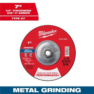MLW49-94-0637 image(0) - Milwaukee Tool 7" x 1/4" x 5/8"-11 Performance+ Metal Grinding Wheel - Type 27