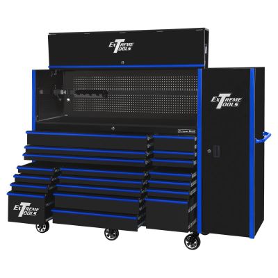 EXTRX7230HRSKU image(0) - Extreme Tools RX Series 72in W x 30in D Professional Extreme Power Workstation Hutch, 19-Drawer Roller Cabinet-250 lbs Slides and 19in 3-Drawer Side Locker Combo, Black w Blue Dr Pulls