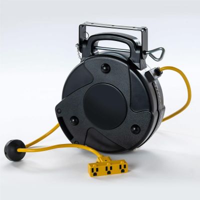GEN2200-3000 image(0) - SafTlite by General Manufacturing Mid Size Power Supply Reel 40 Foot 12/3 SJTOW Cord 15 Amp Triple Outlet with GFCI