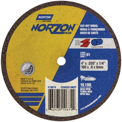 NOR10677 image(0) - Norton NorZon Plus 10677 Cut-Off Wheel, 4 in Dia, 1/16 in THK Wheel, 3/8 in Center Hole, 19100 rpm