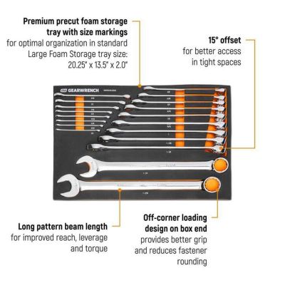 KDTGWMSCWL12SAE image(1) - GearWrench 19 Piece 12 Point Long Pattern Combination SAE Wrench Set in Foam Storage Tray