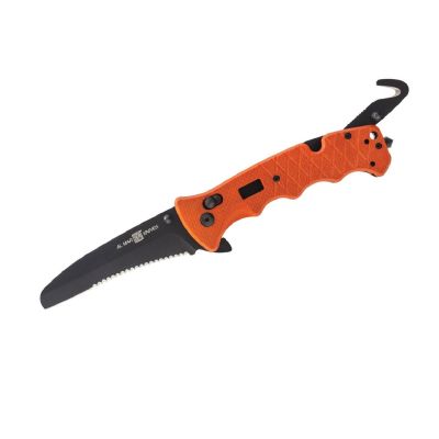 SUNAMK1050RAK image(0) - SUNEX Al Mar 3.5 Inch Rescue D2 Matte Black Titanium Combination Blade Assisted Folding Knife with Max-Lock G10 Handle - Orange
