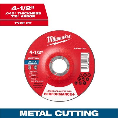 MLW49-94-0107 image(0) - Milwaukee Tool 4-1/2" x .045" x 7/8" Performance+ Metal Cut Off Wheel - Type 27