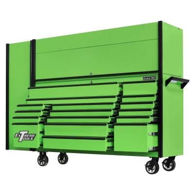 EXTDX72HRSGK image(1) - Extreme Tools DX Series 72in W x 21in D Extreme Power Workstation Hutch, 17-Drawer Roller Cabinet  and 19in Side Locker Combo, Green w Black Drawer Pulls