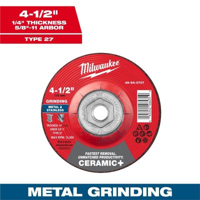 MLW49-94-0707 image(0) - Milwaukee Tool 4-1/2" x 1/4" x 5/8"-11 Ceramic+ Metal Grinding Wheel - Type 27