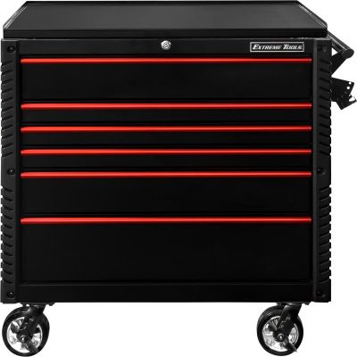 EXTEX4106TCBKRD image(0) - Extreme Tools EX Professional Series 41 Inch 6 Drawer Open Top Tool Cart with  PVC-coated work surface - Black with Red Drawer Pulls