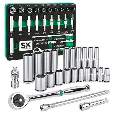 SKTSK01302-216P image(0) - S K Hand Tools 1/4" Drive, 30 Piece, 6 Point, Shallow & Deep, SAE Chrome Socket Set with 216P Ratchet, Packaged in EVA Foam Tray