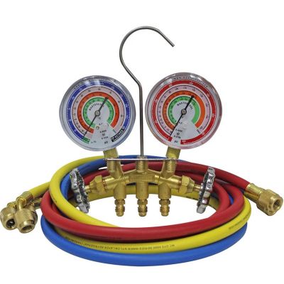 MSC59161 image(0) - Mastercool R410A, R22, R404A 2-Way Brass Manifold Gauge Set includes 3 ‐ 60? R410A hoses with standard 1/4? SAE fittings packaged in a clamshell