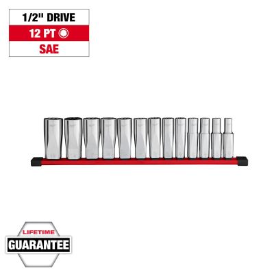 MLW48-22-9424 image(0) - Milwaukee Tool 13pc 1/2 inch Drive 12-Point Deep Well SAE Socket Set