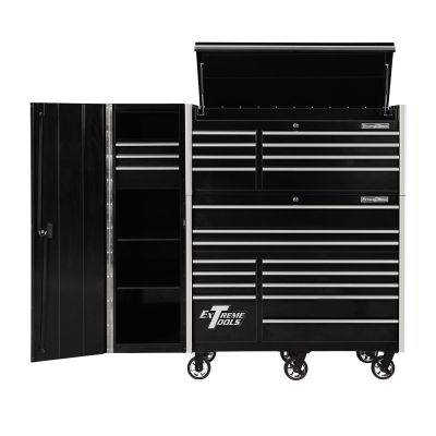 EXTRX55HRSKC image(0) - Extreme Tools RX Series 55in W x 25in D Professional Extreme Power Workstation Hutch, 12-Drawer Roller Cabinet-150 lbs Slides and 19in 3-Drawer Side Locker Combo, Black w Chrome Dr Pulls