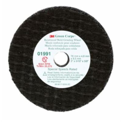 MMM01991 image(0) - 3M Green Corps™ Reinforced Weld Grinding Wheel, 01991, 3 in x 3/16 in x 3/8 in, 5 wheels per pack, 10 packs per case