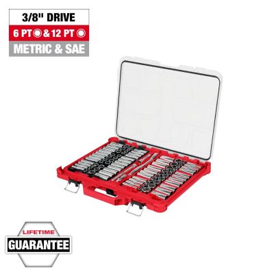 MLW48-22-9285 image(0) - Milwaukee Tool 98pc 3/8 inch 6-Pt and 12-Pt Metric & SAE Ratchet & Socket Set with PACKOUTLow-Profile Organizer