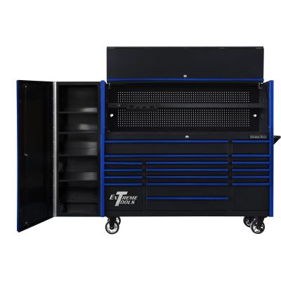 EXTDX72HRSKU image(0) - Extreme Tools DX Series 72in W x 21in D Extreme Power Workstation Hutch, 17-Drawer Roller Cabinet  and 19in Side Locker Combo, Black w Blue Drawer Pulls