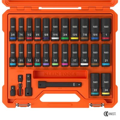 KLE65123HD image(0) - Klein Tools KNECT 1/2-Inch Deep-Well Impact Socket Set, SAE / Metric, 28-Piece