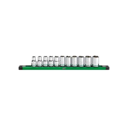 SKTSK01343 image(0) - S K Hand Tools 1/2" Drive, 11 Piece, 6 Point, Shallow, Metric Chrome Socket Set.  Packaged on a Rail