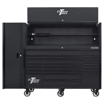 EXTRX7230HRSMK image(0) - Extreme Tools RX Series 72in W x 30in D Professional Extreme Power Workstation Hutch, 19-Drawer Roller Cabinet-250 lbs Slides and 19in 3-Drawer Side Locker Combo, Matte Black w Black Dr Pulls