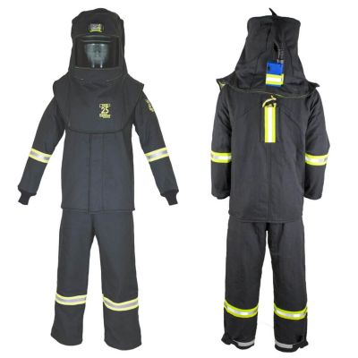 OBRTCG3B-ES-XL-HVSL image(0) - Oberon Suit Kit - Arc Flash - 25 Cal TCG™ - Comes with Hood, Coat, Bib Coveralls and  Fresh Air Arc Flash Hood Ventilation System & Light - With Escape Strap - Color: Black - Size: XL