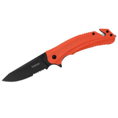 KER8650ST image(0) - Kershaw Barricade Serrated Assisted Opening Rescue Folding Pocket Knife with Glassbreaker and Cord Cutter - Color Orange