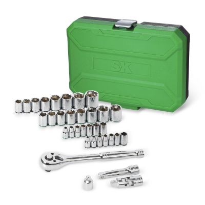 SKTSK01541 image(0) - S K Hand Tools 3/8" & 1/4" Drive, 34 Piece, 6 Point, Shallow & Deep, SAE & Metric Chrome Sockets Set with Ratchet, Universal Joint, Extension, and Adapter