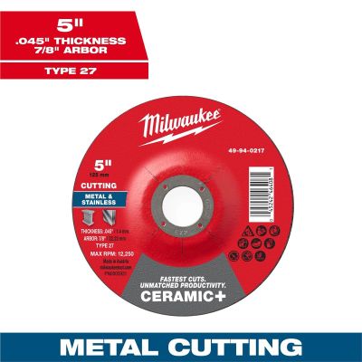 MLW49-94-0217 image(0) - Milwaukee Tool 5" x .045" x 7/8" Ceramic+ Metal Cut Off Wheel -Type 27