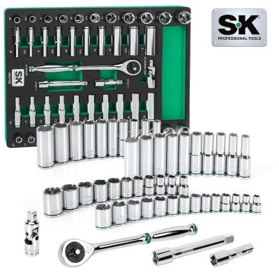 SKTSK01456-216P image(0) - S K Hand Tools 1/2" Drive, 49 Piece, 6 Point, Shallow & Deep, SAE & Metric Chrome Socket Set with 216P Ratchet.  Packaged in EVA Foam Tray