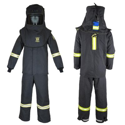 OBRTCG55B-ESL-M-HVSL image(0) - Oberon Suit Kit - Arc Flash - 55 Cal TCG™ - Comes with Hood, Coat, Bib Coveralls and  Fresh Air Arc Flash Hood Ventilation System & Light - With Escape Strap - With Leg Zippers - Color: Black - Size: Medium