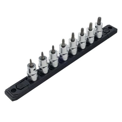 WIH76395 image(0) - Wiha Tools Torx® Bit Socket 3/8" Square Drive w/ 1/4" Replaceable Hex Bit 8 Piece Set T9 - T40 On Rail
