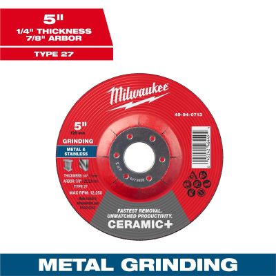 MLW49-94-0713 image(0) - Milwaukee Tool 5" x 1/4" x 7/8" Ceramic+ Metal Grinding  Wheel - Type 27