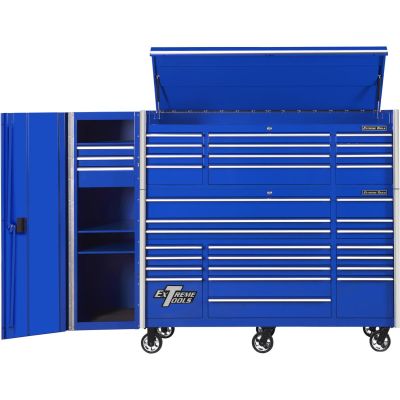 EXTRX7225HRSUC image(0) - Extreme Tools RX Series 72in W x 25in D Professional Extreme Power Workstation Hutch, 19-Drawer Roller Cabinet-150 lbs Slides and 19in 3-Drawer Side Locker Combo, Blue w Chrome Dr Pulls