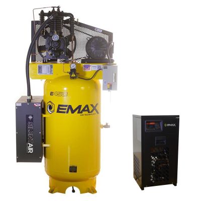EMXESP05V080I3PK image(0) - Emax Compressor Silent Industrial Plus 5 HP 3- Phase 2-Stage 80 Gal. Vertical Compressor with 30 CFM Dryer Bundle-With Pressure Lube Pump