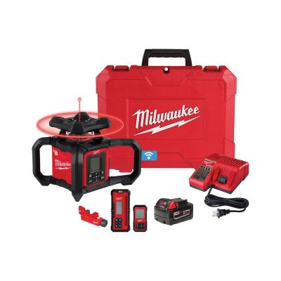 MLW3704-21 image(0) - Milwaukee Tool M18 Red Exterior Dual Slope Rotary Laser Level Kit w/ Receiver & Remote