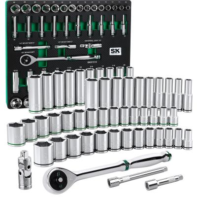SKTSK01314-216P image(0) - S K Hand Tools 1/2" Drive, 52 Piece, 6 Point, Shallow & Deep, SAE & Metric Chrome Socket Set with 216P Ratchet.  Packaged in EVA Foam Tray