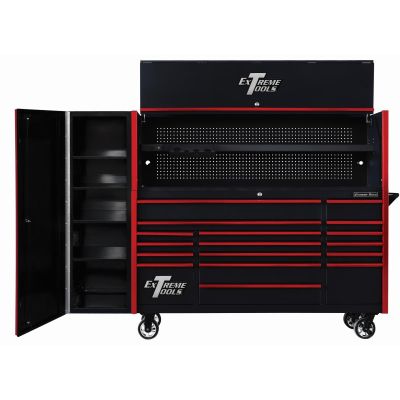 EXTDX72HRSKR image(0) - Extreme Tools DX Series 72in W x 21in D Extreme Power Workstation Hutch, 17-Drawer Roller Cabinet  and 19in Side Locker Combo, Black w Red Drawer Pulls