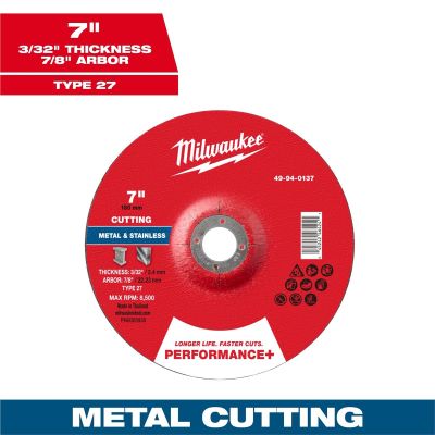 MLW49-94-0137 image(0) - Milwaukee Tool 7" x 3/32" x 7/8" Performance+ Metal Cut Off Wheel - Type 27