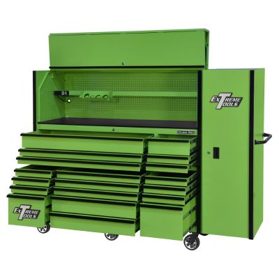 EXTRX7230HRSGK image(0) - Extreme Tools RX Series 72in W x 30in D Professional Extreme Power Workstation Hutch, 19-Drawer Roller Cabinet-250 lbs Slides and 19in 3-Drawer Side Locker Combo, Green w Black Dr Pulls
