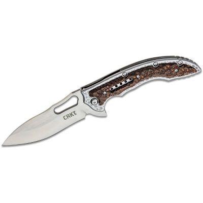 CRK5470 image(0) - CRKT (Columbia River Knife) Fossil 8Cr13MoV Satin Plain Blade Folding Knife with Frame Lock Stainless Steel w/G10 Overlay Handle - Brown