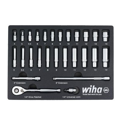 WIH33395 image(0) - WIHA Tools Set Includes - 12 Standard Sockets 4 - 14mm | 11 Deep Sockets 5 - 14mm | 1/4” Drive Ratchet 72 Tooth | 1/4” Drive Extension Bars 3”, 6” | 1/4” Drive Universal Joint