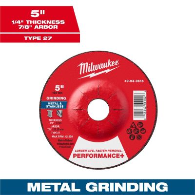 MLW49-94-0615 image(0) - Milwaukee Tool 5" x 1/4" x 7/8" Performance+ Metal Grinding  Wheel - Type 27