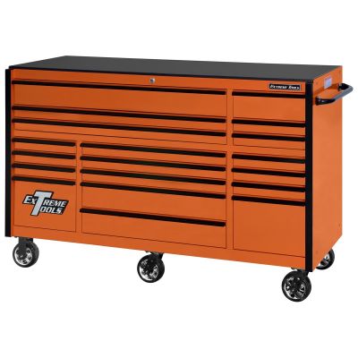 EXTRX722519RCORBK-X image(0) - Extreme Tools RX Series 72 Inch Wide x 25 Inch Long 19 Drawer Roller Cabinet - 150 Pound Slides Orange with Black Drawer Pulls